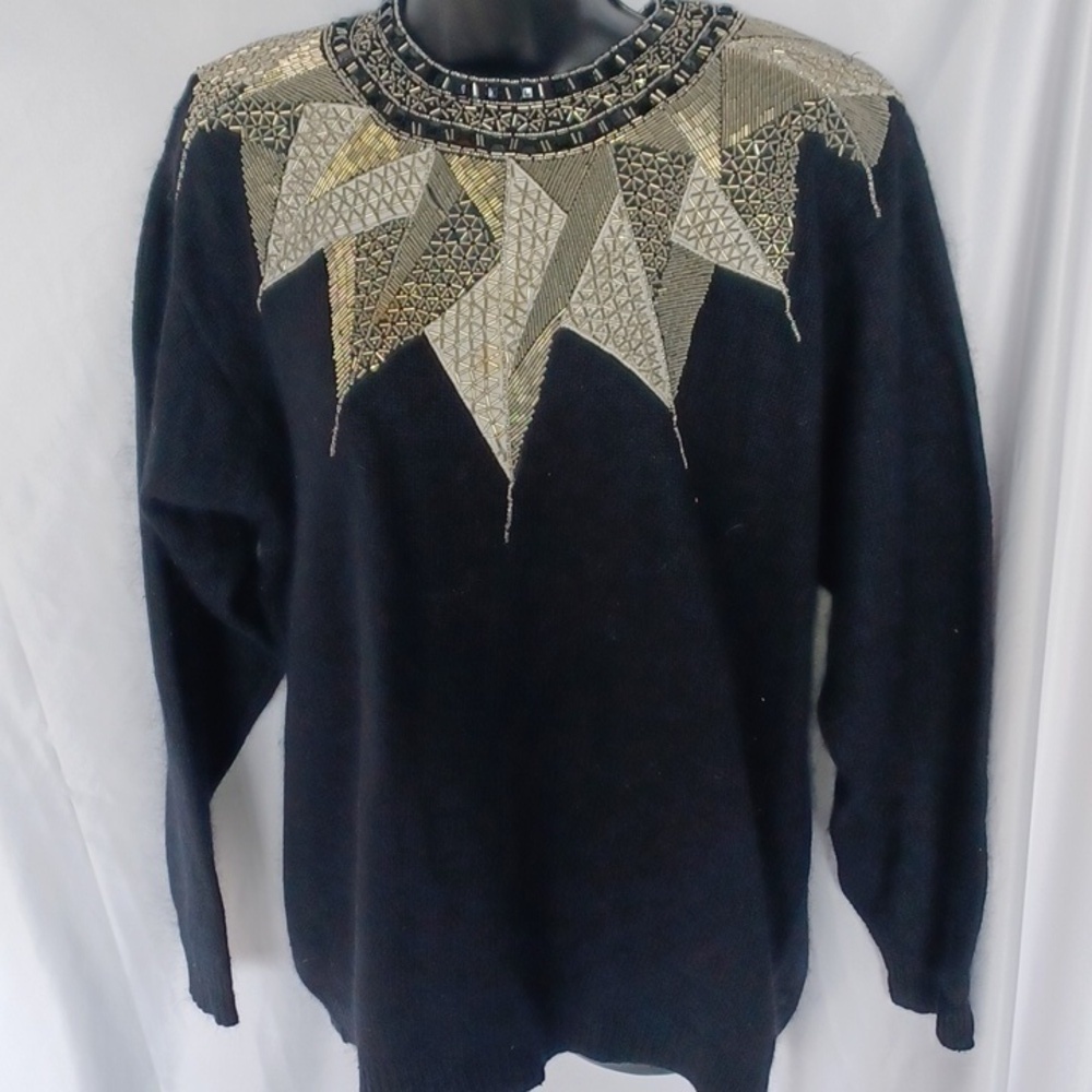 Vintage I.B. Diffusion Black Beaded Sweater Medium, silk/angora/wool/nylon 1980s